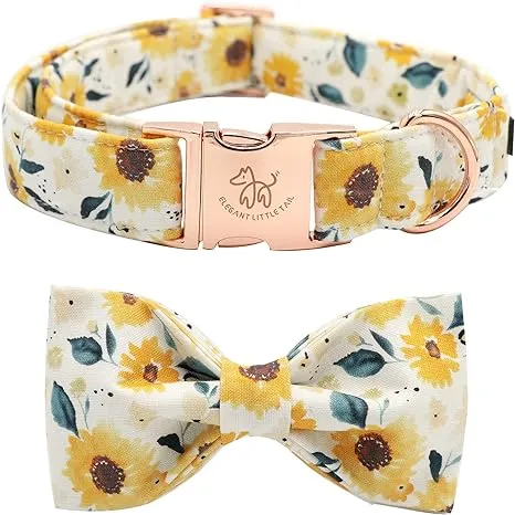 Sunflower Print Dog Collar, Girl Dog Collar with Bow Adjustable Soft Bow Tie Dog