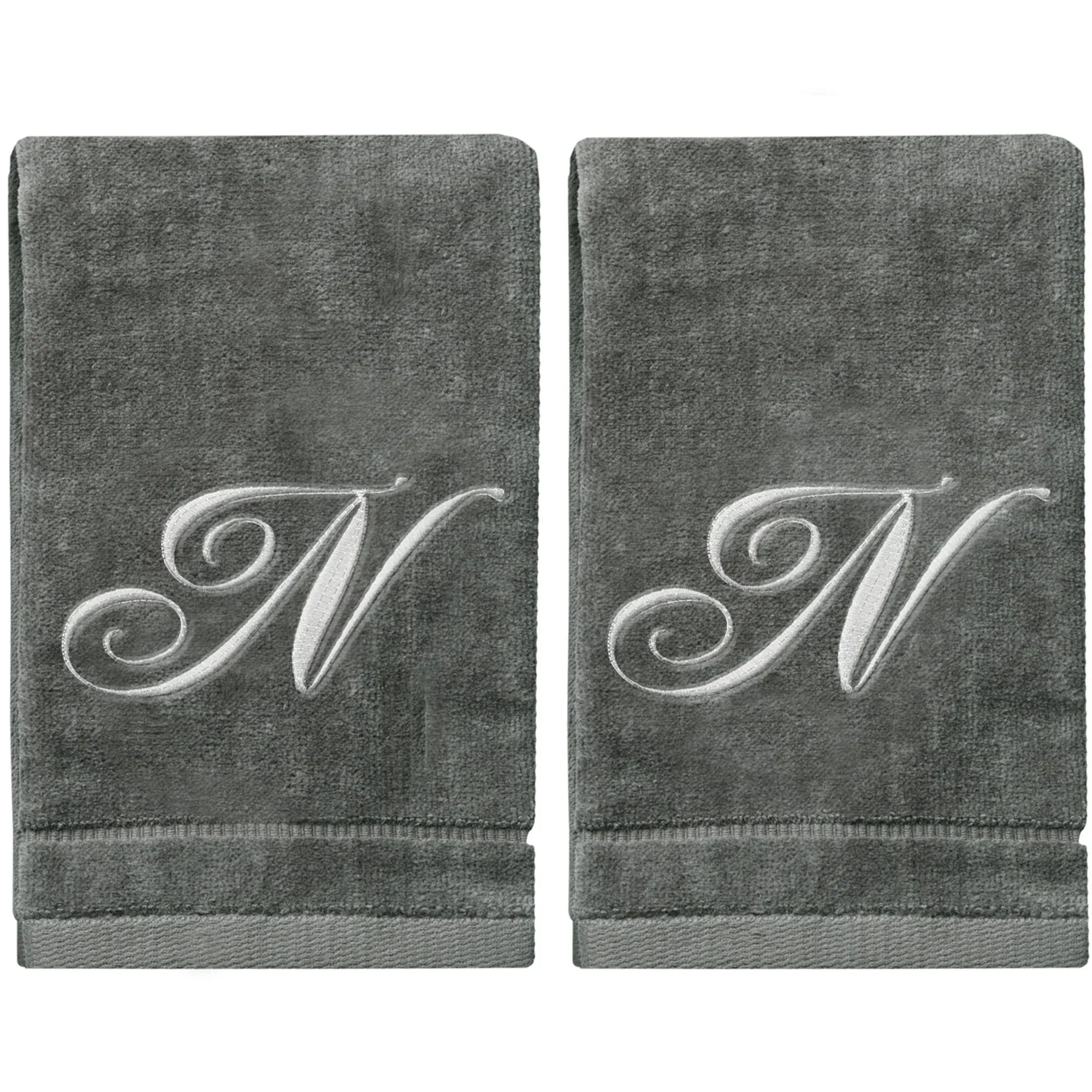 Monogrammed Towels Fingertip, Personalized Gift, 11 x 18 Inches - Set of 2- Silver Embroidered Towel - Extra Absorbent 100% Cotton- Soft Velour Finish - For Bathroom/ Kitchen/ Spa- Initial W (Gray)