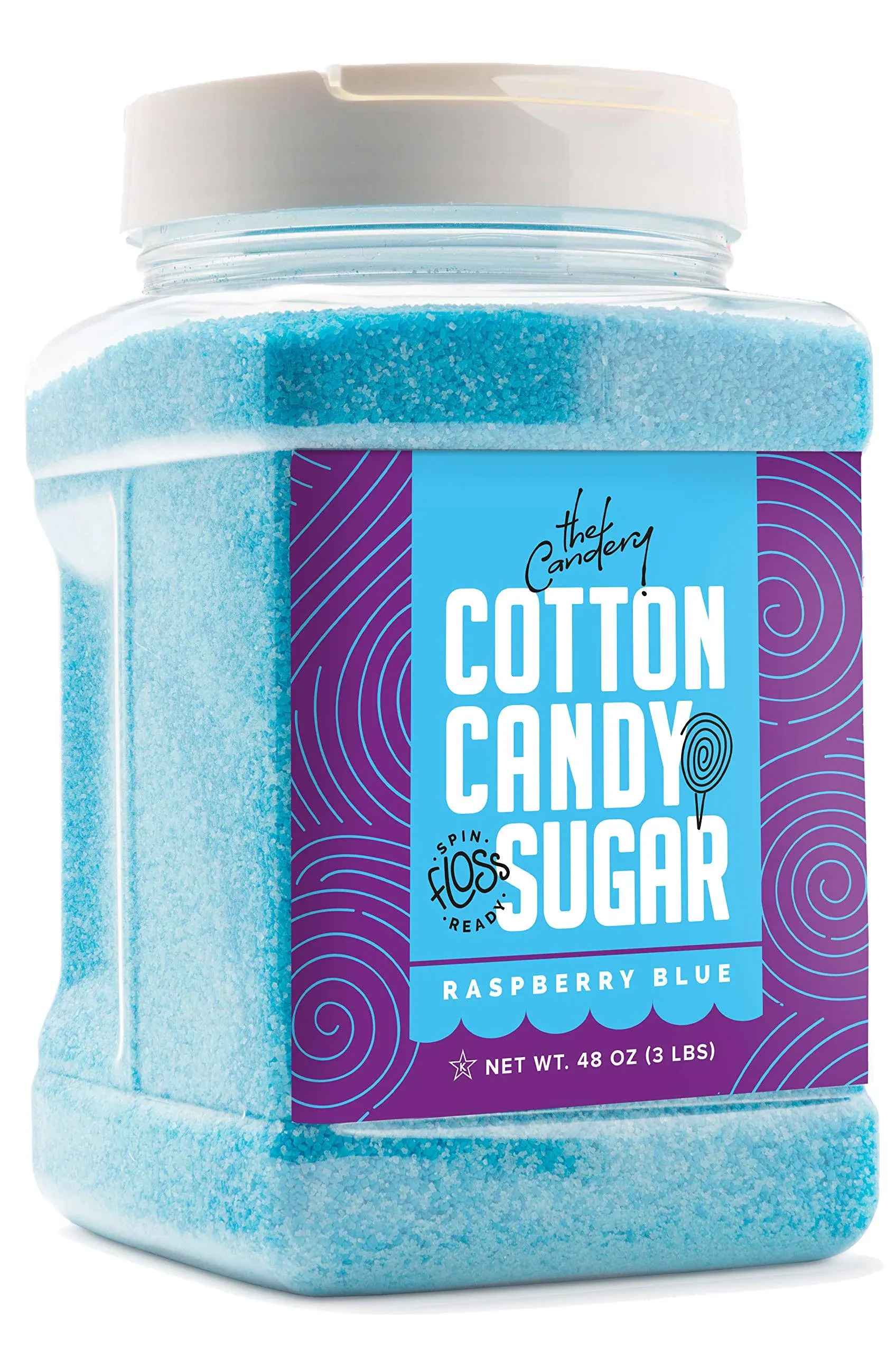 The Candery Cotton Candy Floss Sugar Strawberry Flavor- Reusable Plastic Jars - Easy Pour and Scoop Spout - 48oz 3LB (Raspberry Blue)