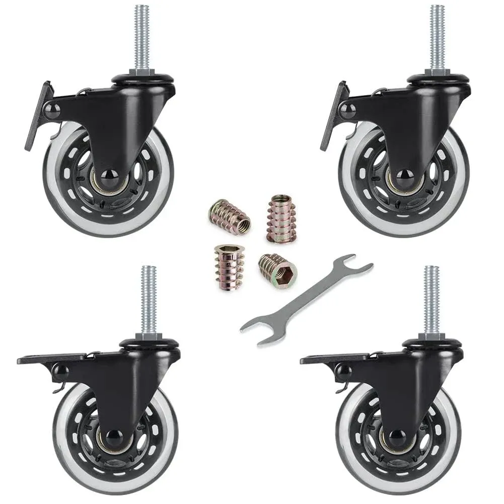 Hirate 3" Industrial Castors, 3/8"-16 x 1.5" Threaded Stem Swivel Locking Caster for Carts Dolly Workbench Trolley, includes Furniture Screw Inserts(set of 4 with Brake)