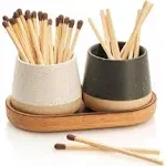 KIBAGA Decorative Ceramic Match Holder With Wooden Tray - Set of 2 Beautiful Matte Holders with Striker Are an Upgrade To Any Home Decor - Enhance Your Living Room With Cute Jars - Matches Not Incl.