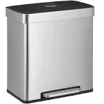 SONGMICS Kitchen Trash Can, 16 Gallons (2 x 8 Gallons) Dual Compartment Garbage Can, 60L Pedal Recycling Bin, Silver