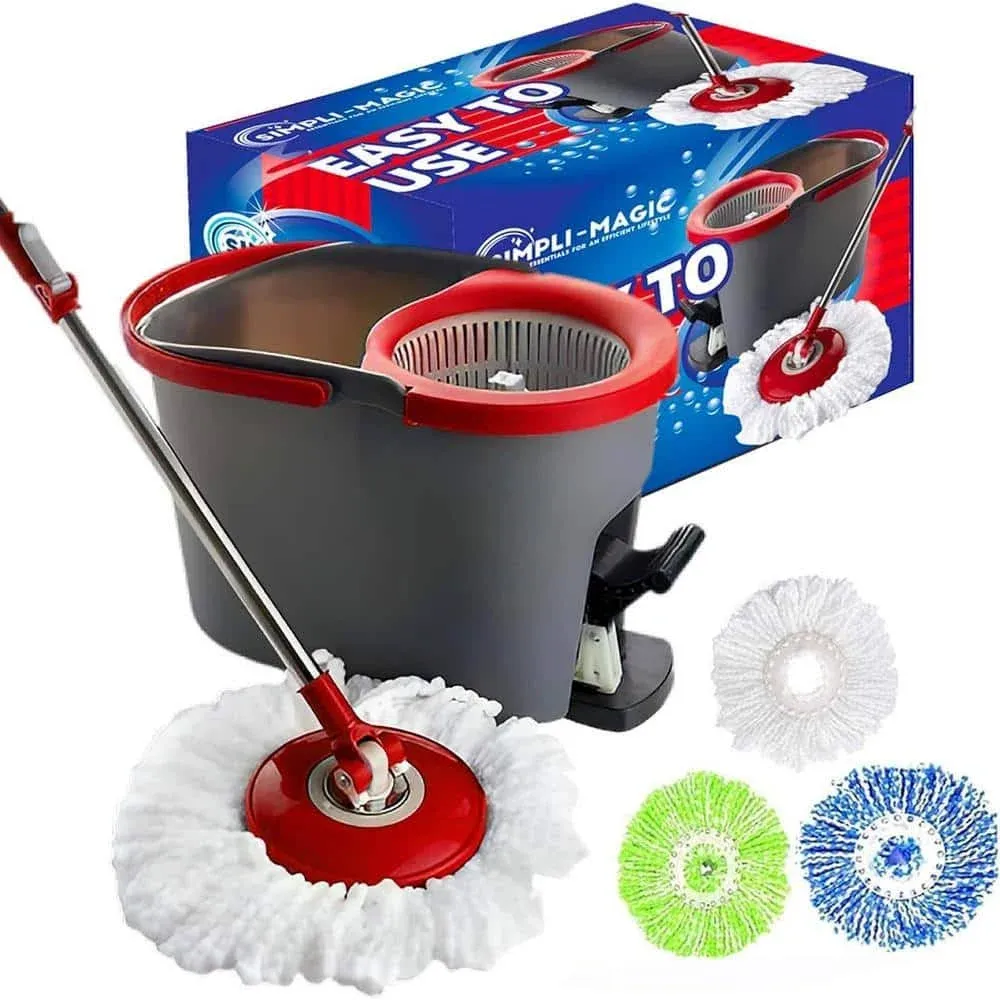 Spin Spinning Mop Rinse Bucket Floor Cleaning 3 Washable Microfiber Head Refills