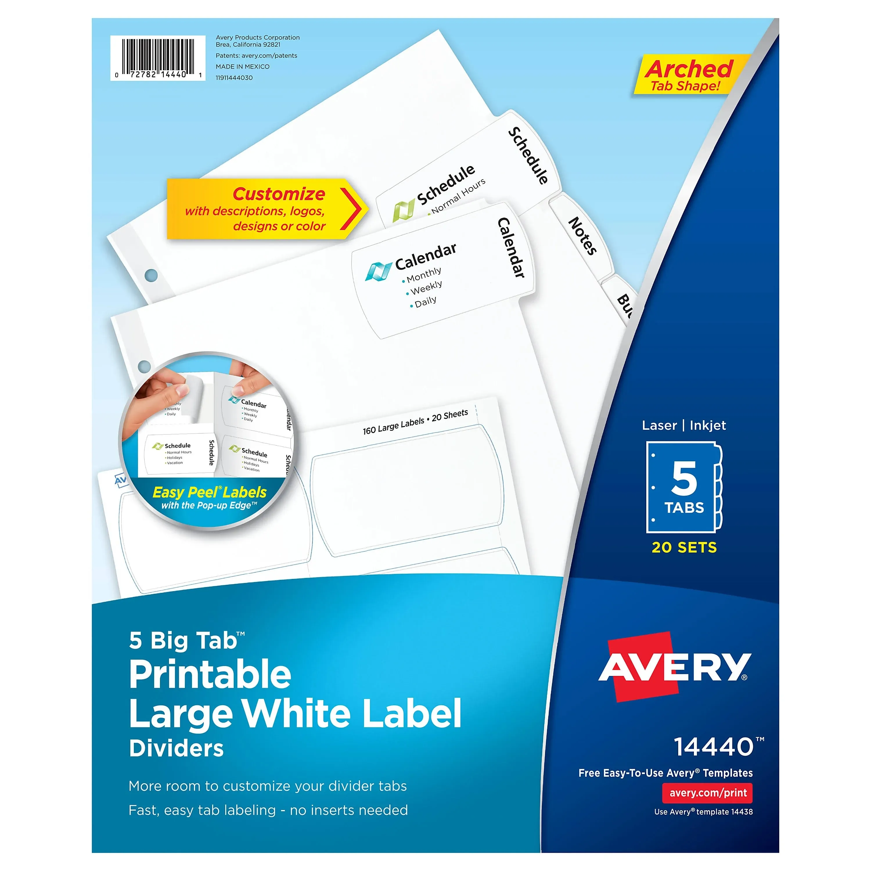 Avery Big Tab Printable Large White Label Dividers with Easy Peel, 5 Tabs, 20 Sets (14440)