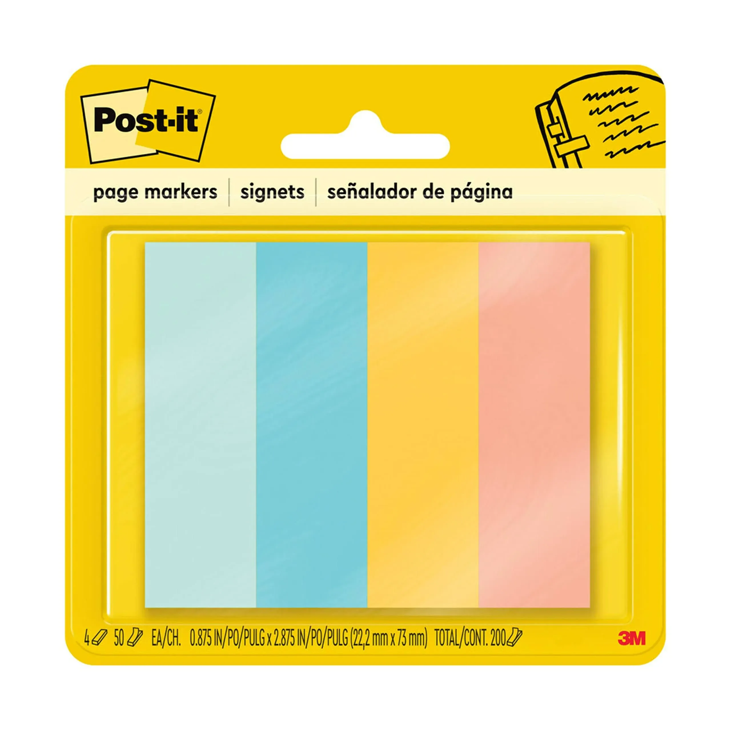 Post-it Page Markers, Assorted Colors, 1 in x 3 in, 50 Sheets/Pad, 4 Pads/Pack (671-4AF)