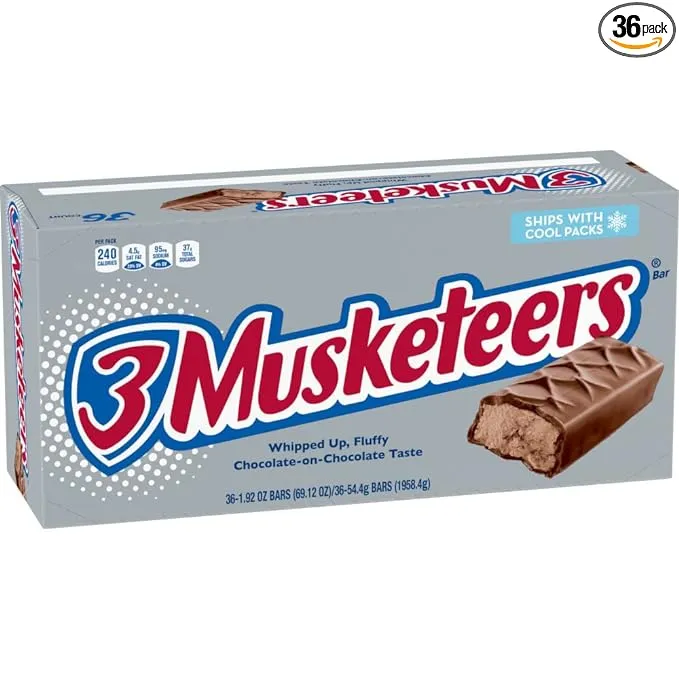 3 MUSKETEERS Candy Milk Chocolate Bars, Full Size, 1.92 oz Bar (Pack of 36) Box