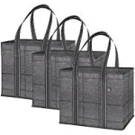 VENO 3 Pack Reusable Grocery Bags, Shopping Bags for groceries, Utility Tote with Handles and Hard Bottom, Foldable Shopping Cart Organizer, Multi-Purpose, Heavy-Duty (Windowpane, 6 Gallon-3 Pack)